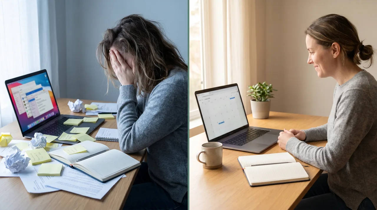Left: a cluttered solo desk with sticky notes and scattered open tabs, the operator looking overwhelmed. Right: the same desk cleared down to one organized weekly dashboard, the operator calm.